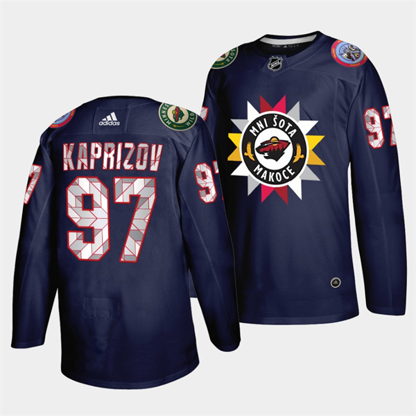 Men's Minnesota Wild #97 Kirill Kaprizov 2021/22 Navy Native American Heritage Day Stitched Jersey Men's Minnesota Wild #97 Kirill Kaprizov 2021/22 Navy Native American Heritage Day Stitched Jersey